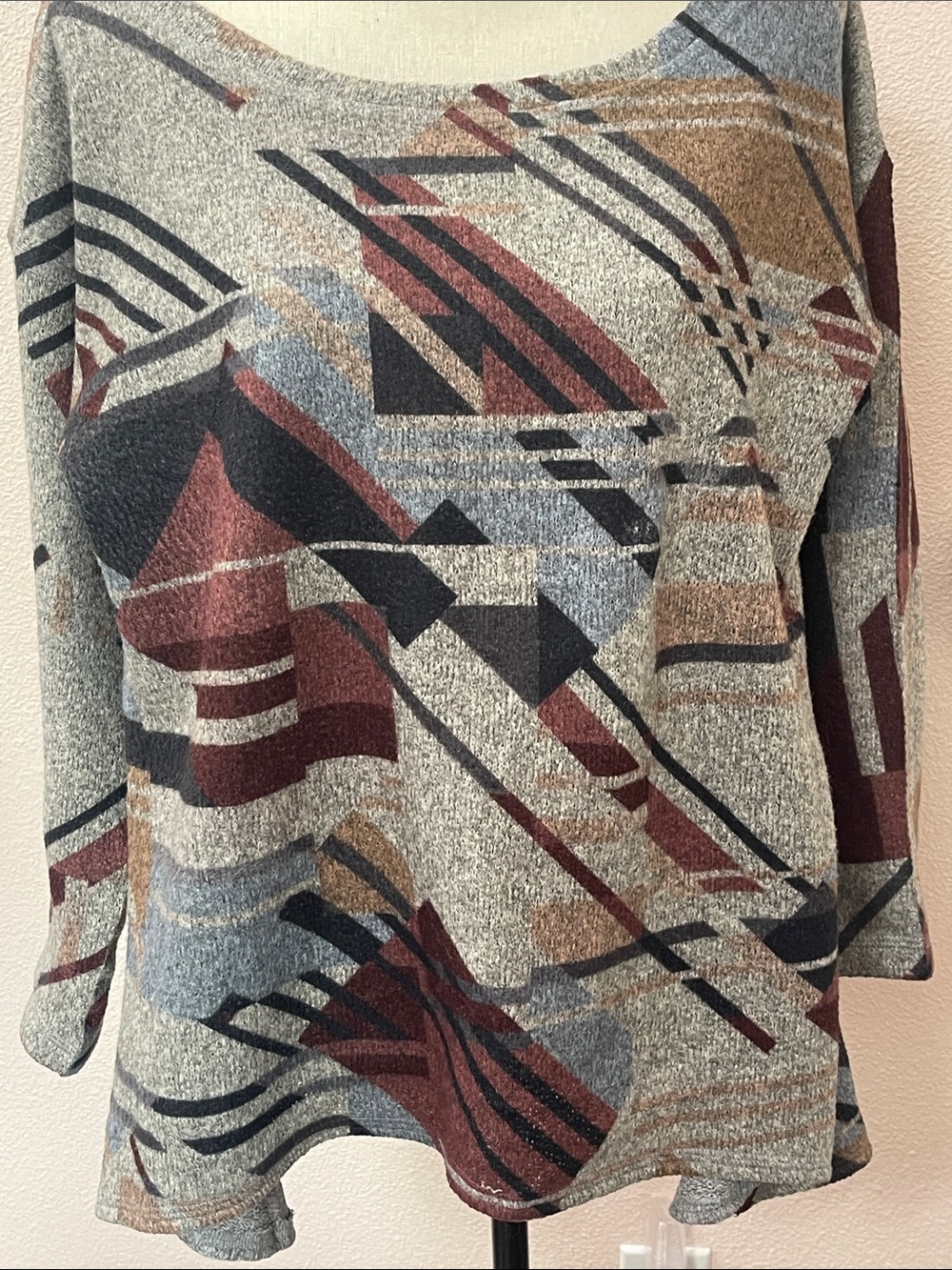 Nally & Millie Gray Multi Geometric Crewneck Sweater